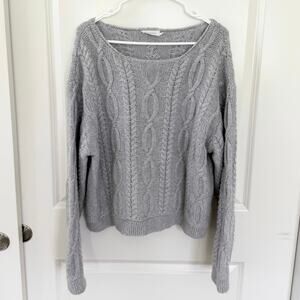FLANNEL America Wool Blend Chunky Boatneck Cable Knit Sweater Gray Large